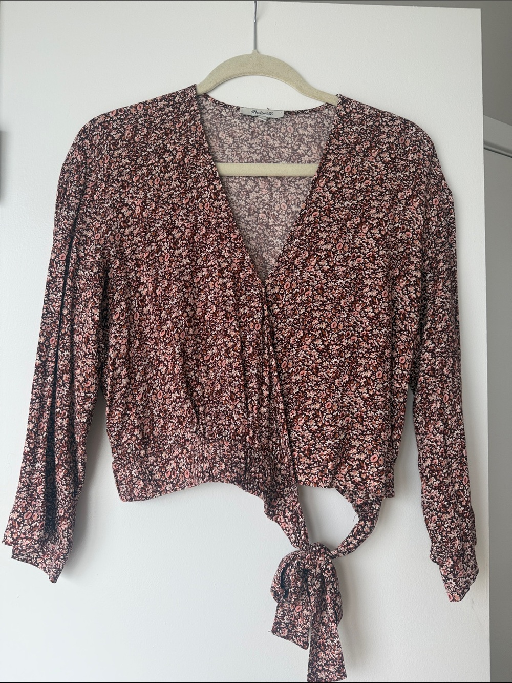 Madewell Pink and Brown Floral Tie-Front Blouse